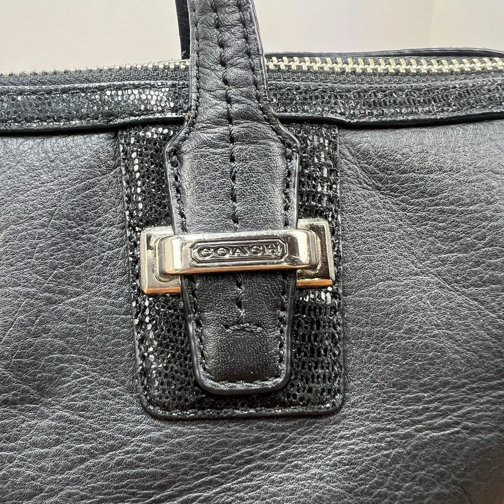 Coach F25796 Black Leather Satchel Handbag Silver Hardware Zip Top Purse